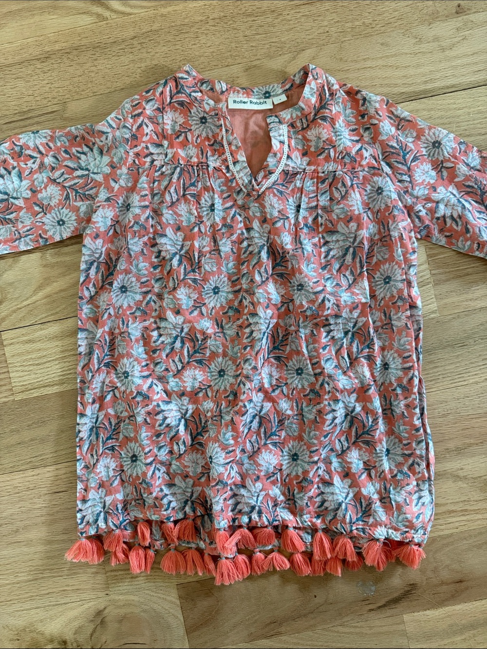 Roller Rabbit Kids lightweight peach dress, flower print & tassels, girls sz 4